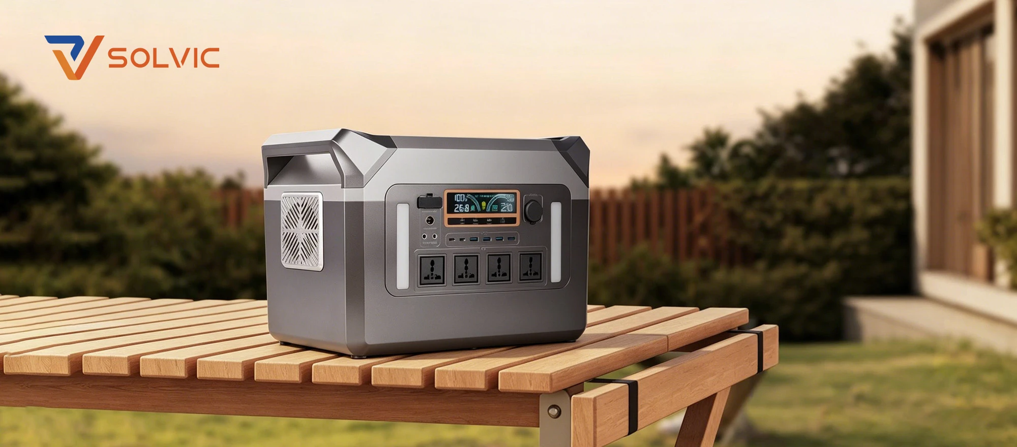 Double handles 300W-3000W portable power station outdoor camping banner – family tent and RV scene, powering lights and cooking devices in nature for versatile off-grid adventure